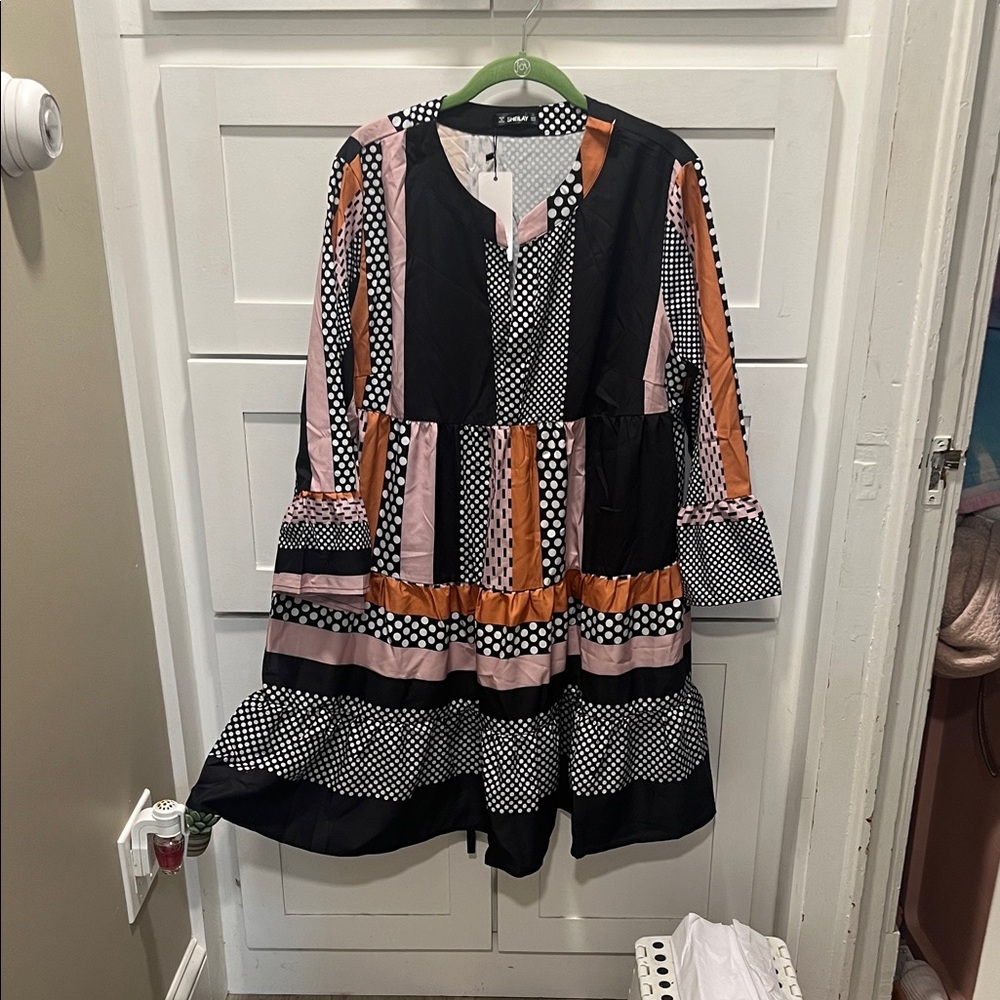 Mixed-Print Long Sleeve Tiered Dress in Black, Pink & Rust
